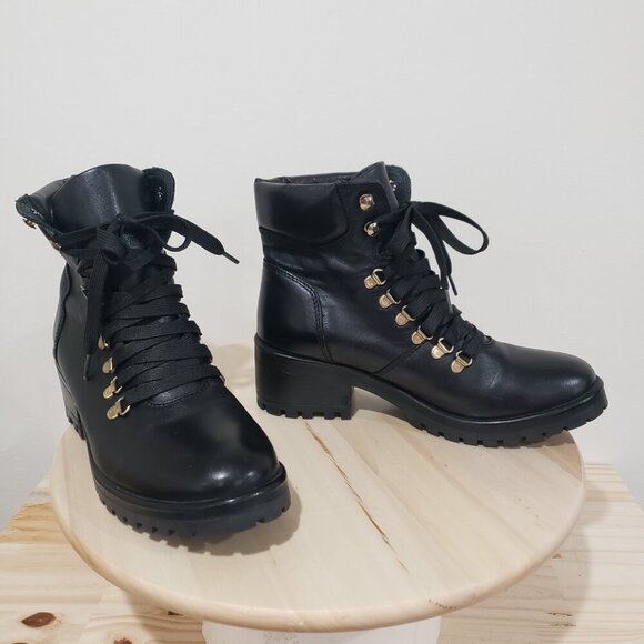 Steve Madden Grenada Boots Size 9 Moto Hiking Black Leather Lace up - Picture 9 of 14